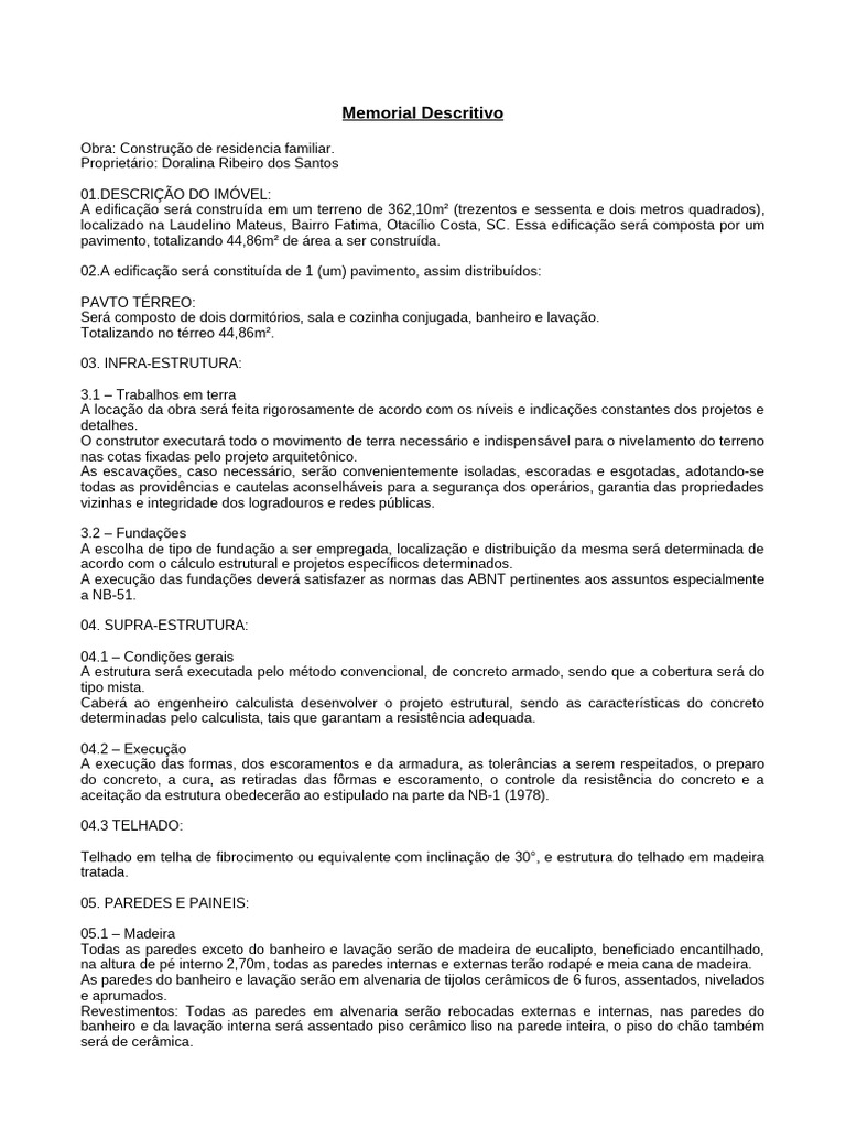 Memorial Descritivo de Residência em SC | PDF | Materiais | Engenharia ...