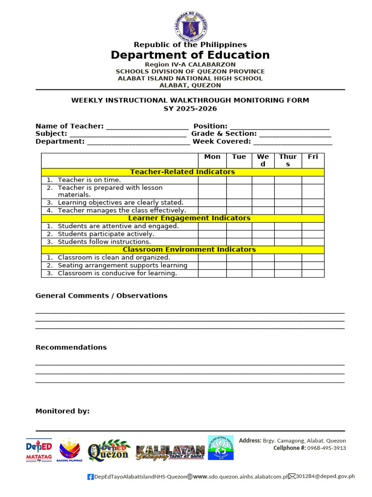 Weekly Instructional Monitoring Form | PDF | Classroom | Teachers