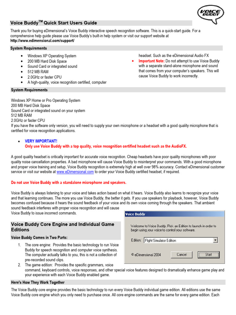 Voice Buddy Quick Start Users Guide: System Requirements | PDF | Speech ...