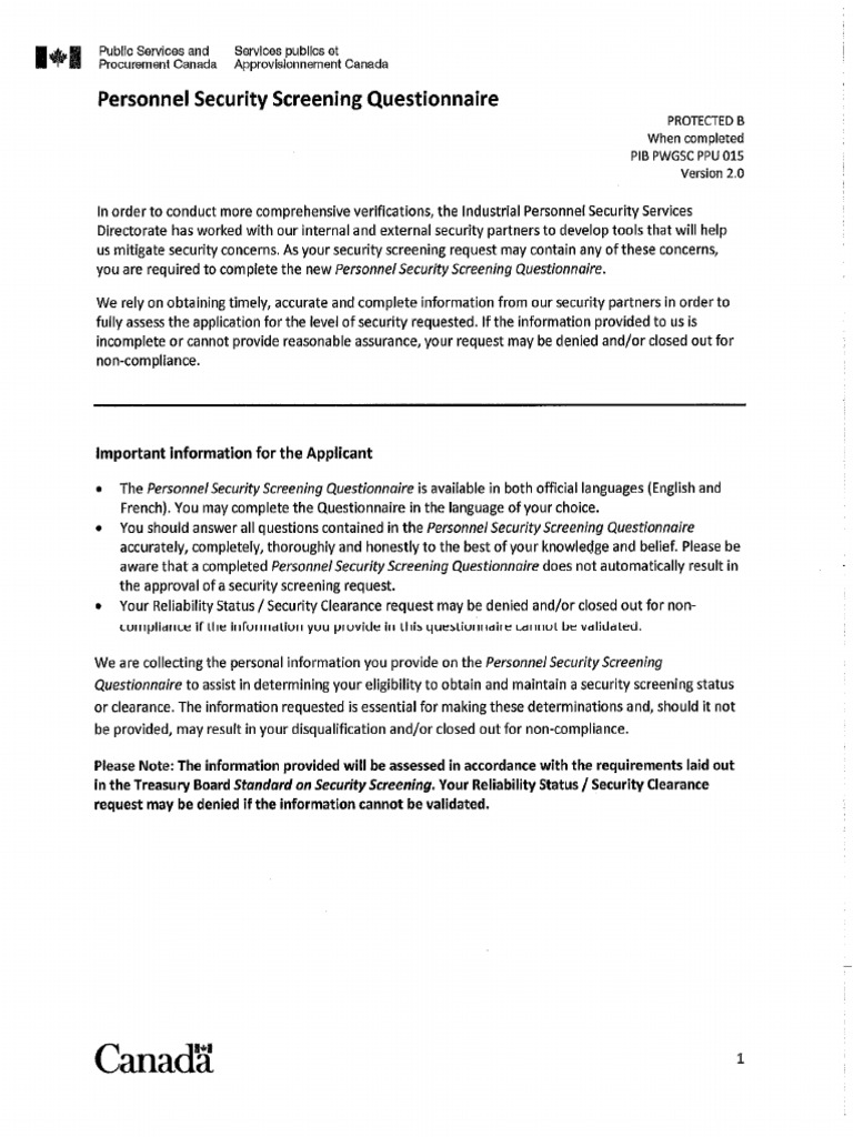 Personal Security Screening Questionnaire | PDF