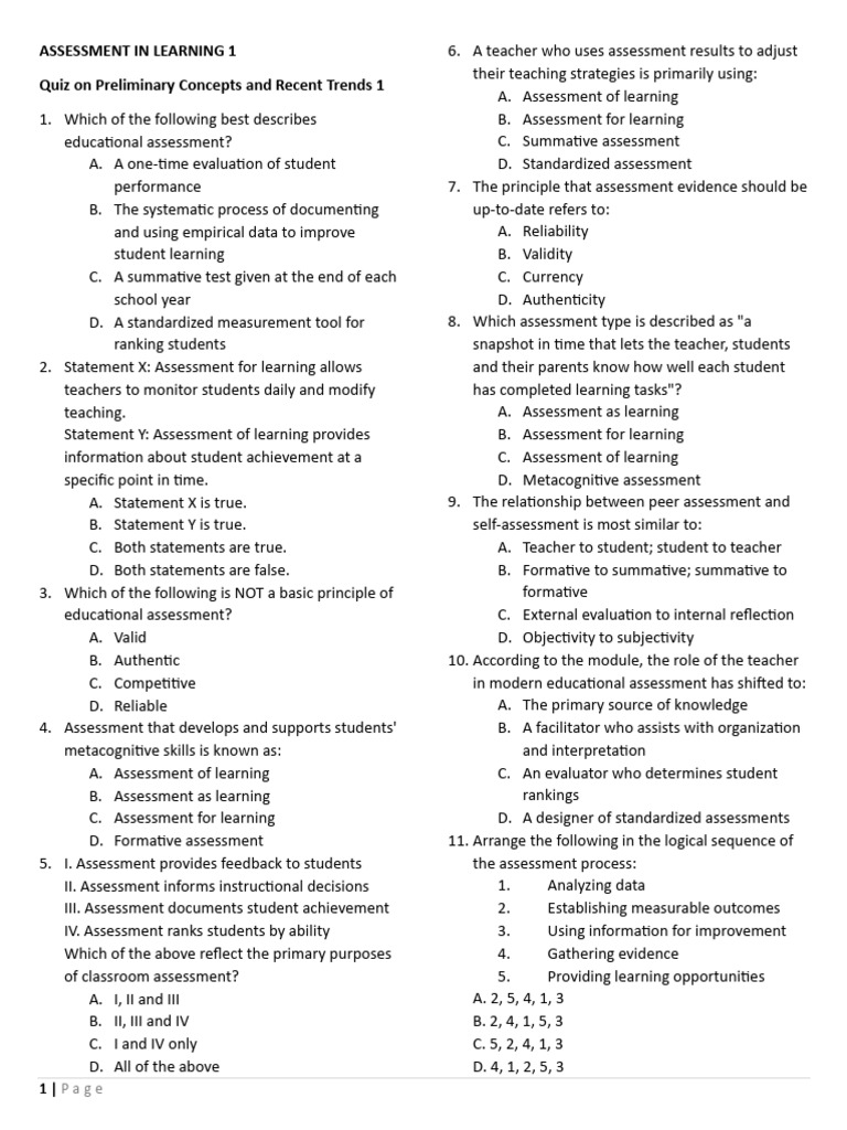 Educational Assessment Quiz Guide | PDF | Educational Assessment | Learning