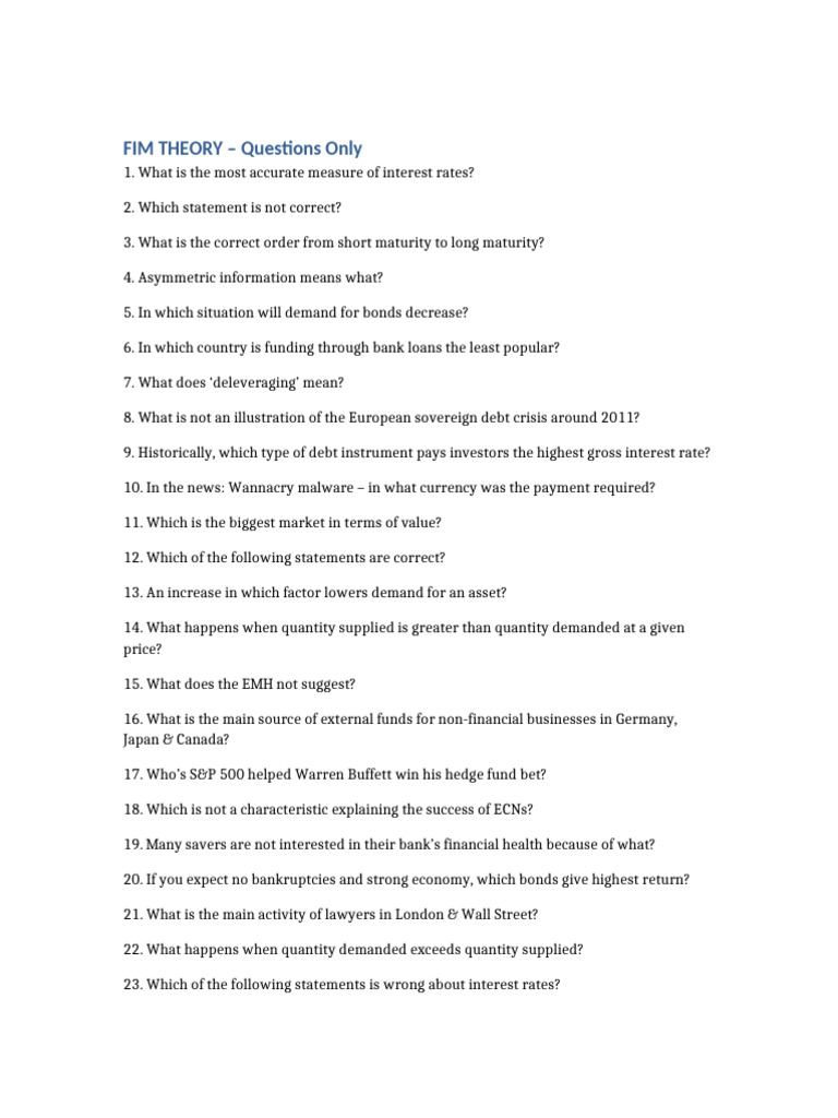 FIM Theory: Key Financial Questions | PDF | Bonds (Finance) | Interest