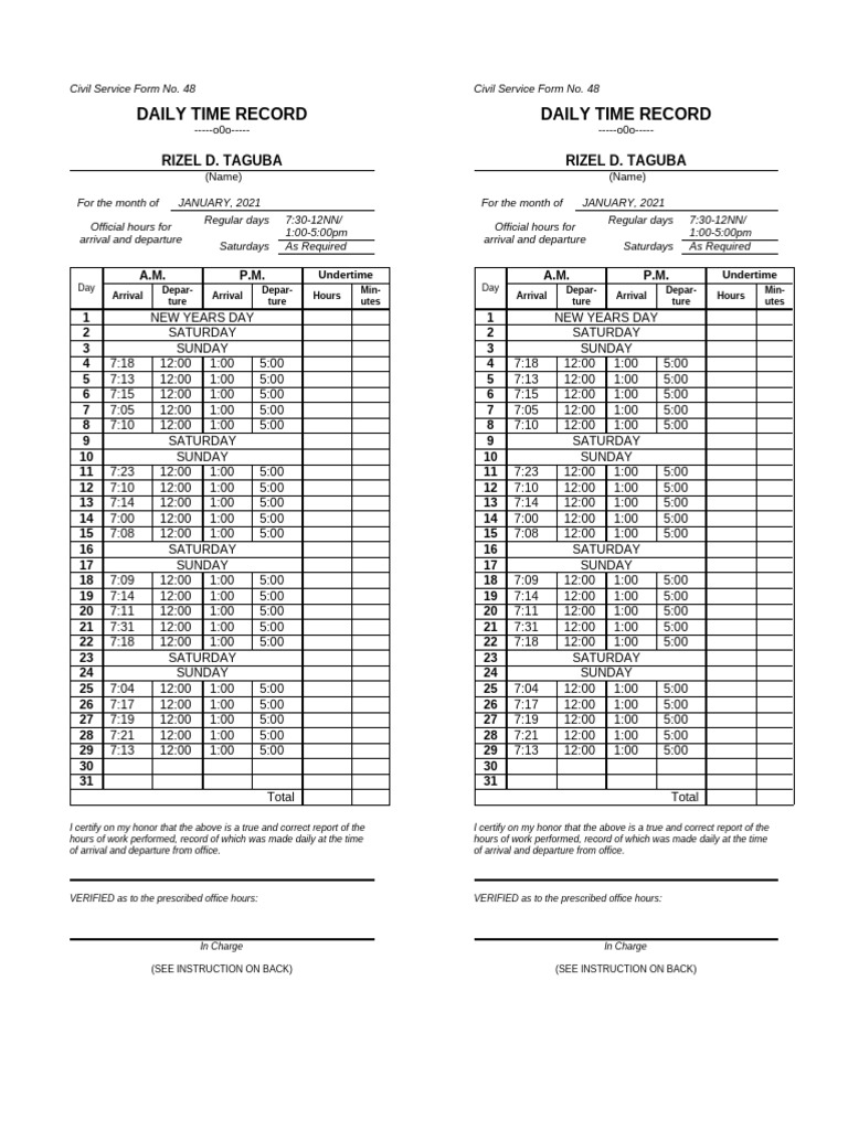 Daily Time Record for January-March 2021 | PDF | Observances