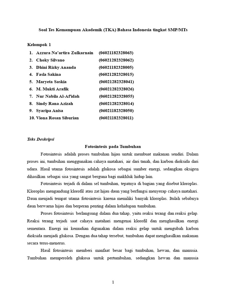 Soal TKA Bahasa Indonesia SMP: Fotosintesis | PDF