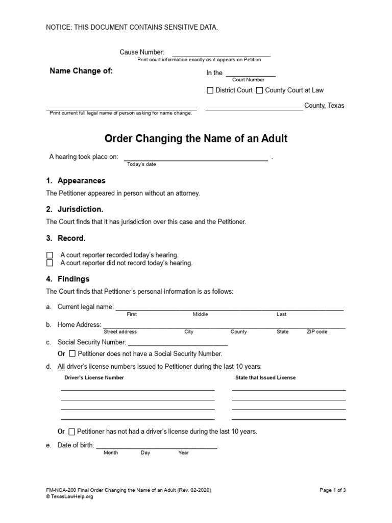 Texas Adult Name Change Order Form | PDF | Felony | Criminal Record