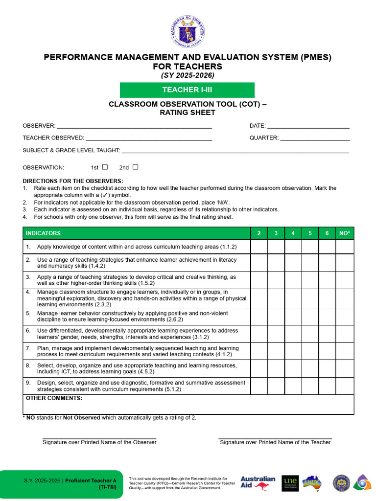 Annex E-2 - COT Rating Sheet For Beginning Towards Proficient Teacher ...