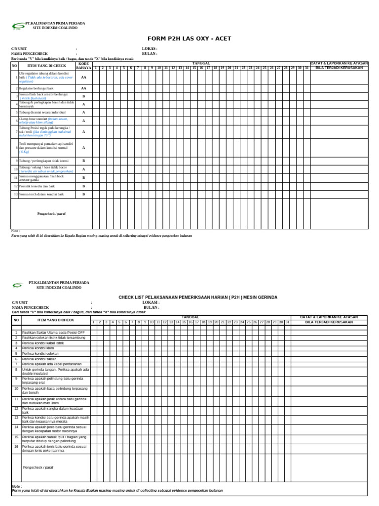 Formulir P2H Pemeriksaan Mesin dan Genset | PDF