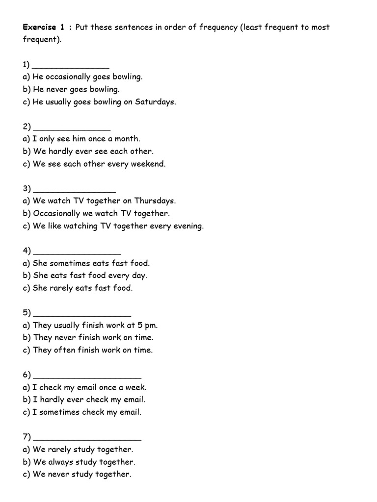 Sentence Ordering Exercises for Frequency Adverbs | PDF