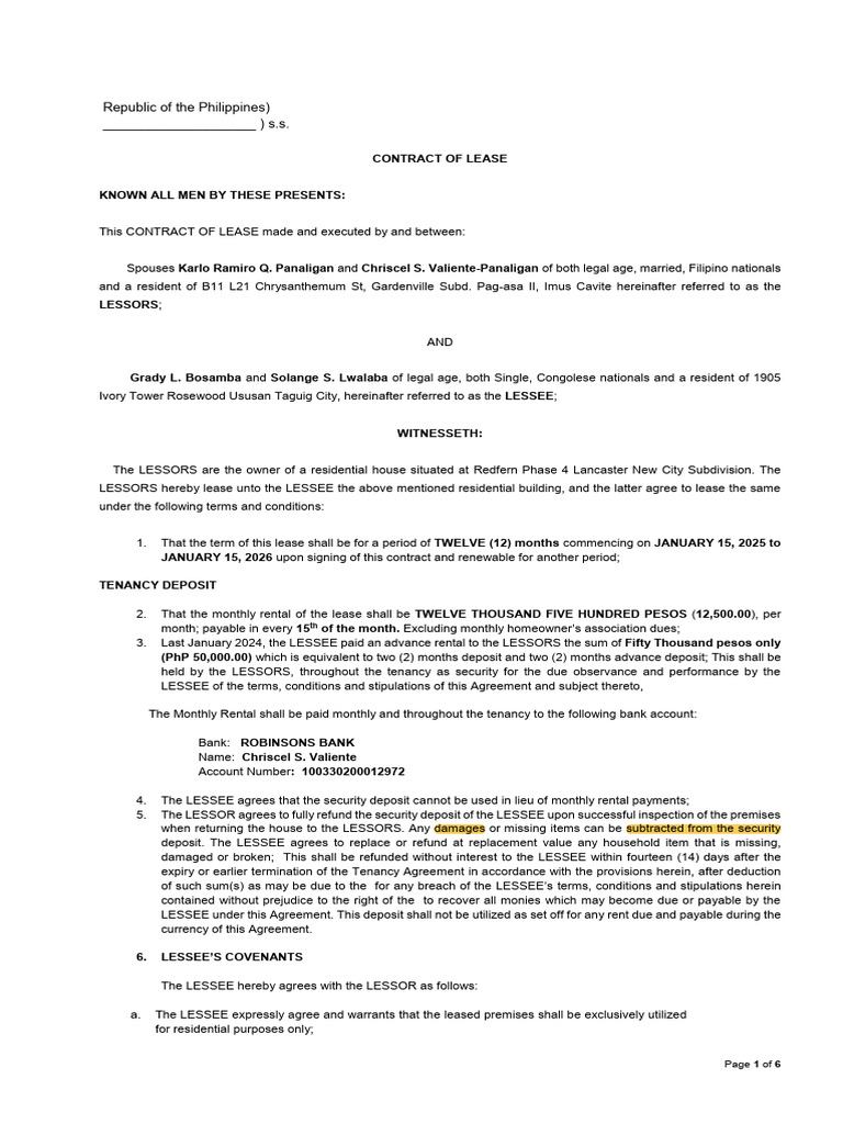Philippines Residential Lease Agreement | PDF | Lease | Indemnity