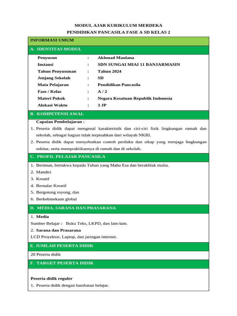Modul Ajar Pendidikan Pancasila SD Kelas 2 | PDF
