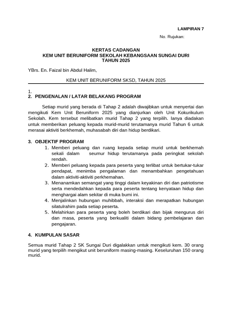 DERAF KERTAS KERJA KEM UNIT BERUNIFORM SK Sungai Duri 2025 | PDF