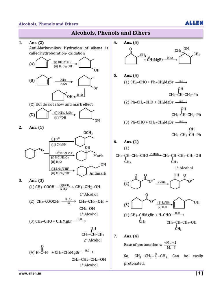 Solutions NCR_- Alcohols_ Phenols And Ethers | PDF | Ether | Molecules