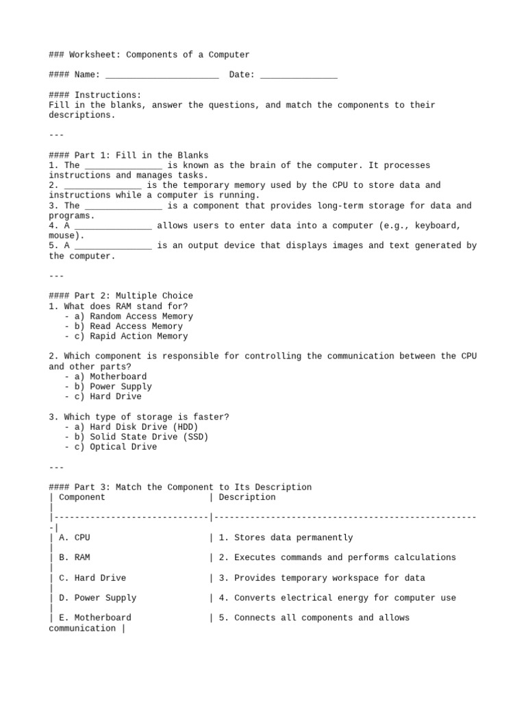 Computer Components Worksheet | PDF | Computer Data Storage | Random ...
