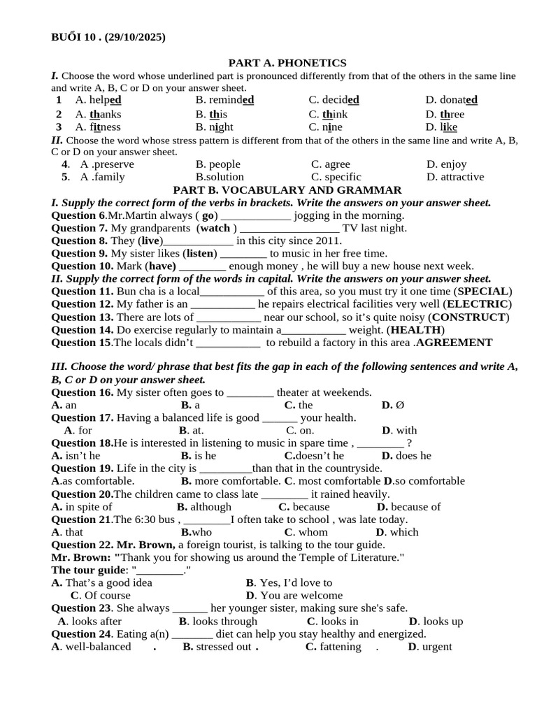 Phonetics and Grammar Practice Test | PDF | Cost Of Living | Traffic ...