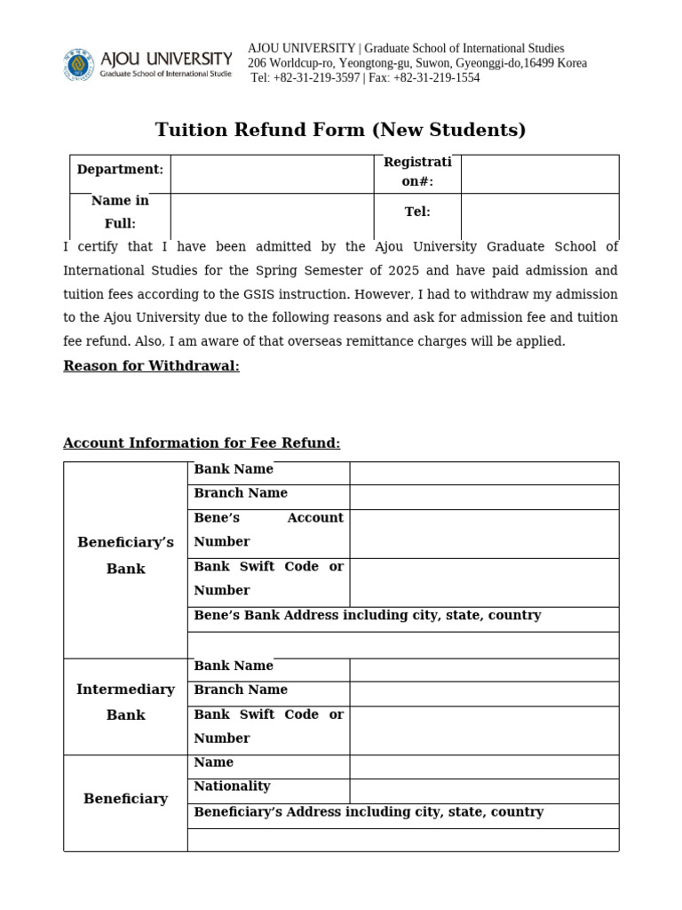 Ajou University Tuition Refund Form | PDF