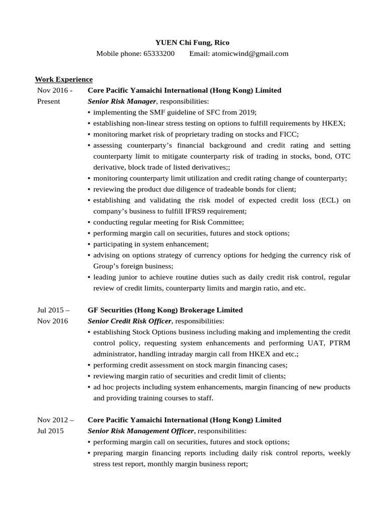 Senior Risk Manager Resume Summary | PDF | Credit Risk | Derivative ...
