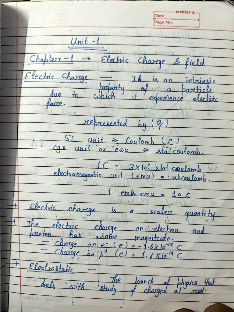 Physics Class 12th Chapter 1 Electric Charge and Field | PDF