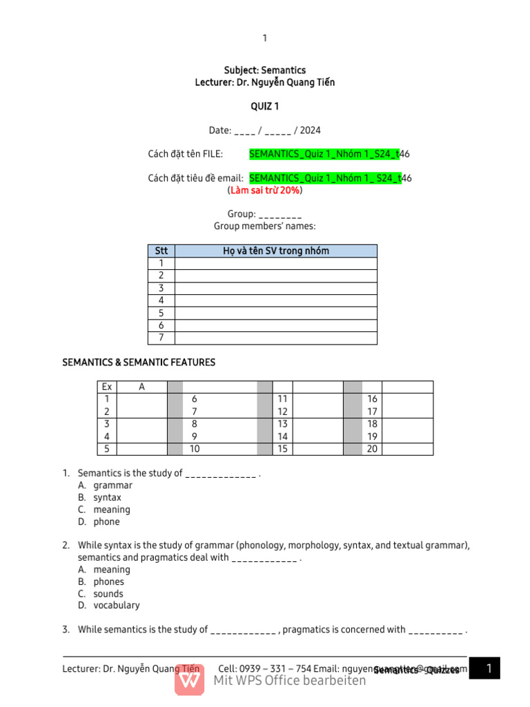 Semantics Quiz for Students | PDF | Adjective | Sentence (Linguistics)