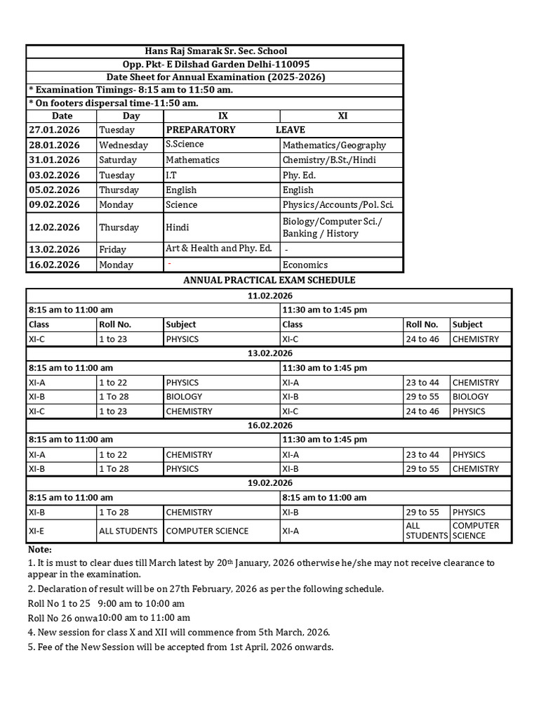 2025-2026 Annual Exam Schedule | PDF