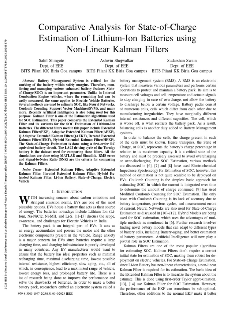 SOC Estimation of Li-Ion Batteries Using Kalman Filters | PDF | Kalman ...
