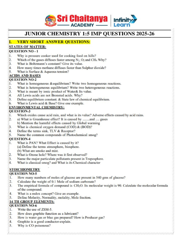 Junior Maths Chemistry Imp Question 2025-26 | PDF