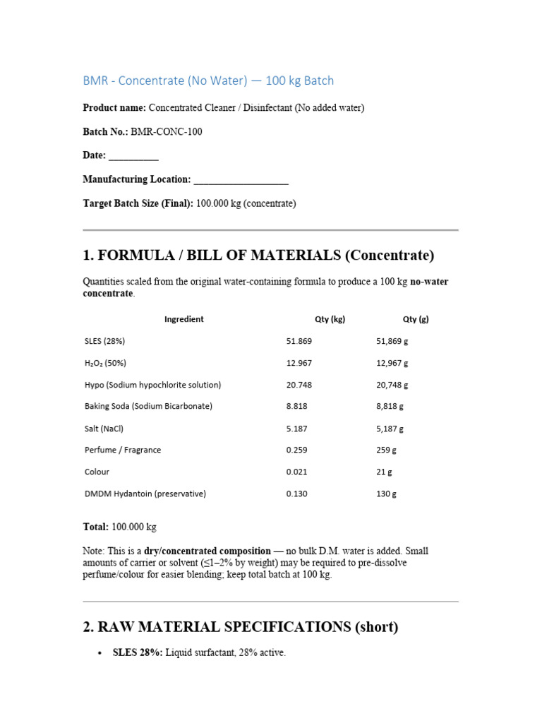 100 kg Concentrated Cleaner Formula | PDF | Hydrogen Peroxide | Sodium ...