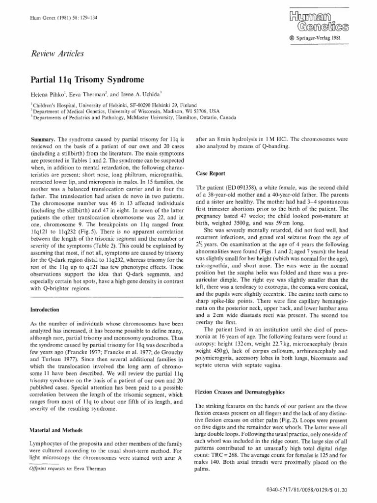 Partial 11q Trisomy Syndrome Review | PDF | Karyotype | Hand