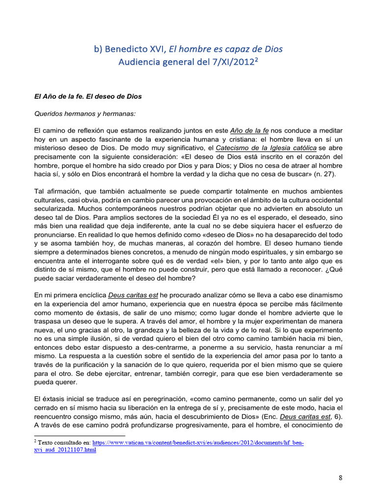 Deseo de Dios en el Hombre según Benedicto XVI | PDF | Dios | Amor