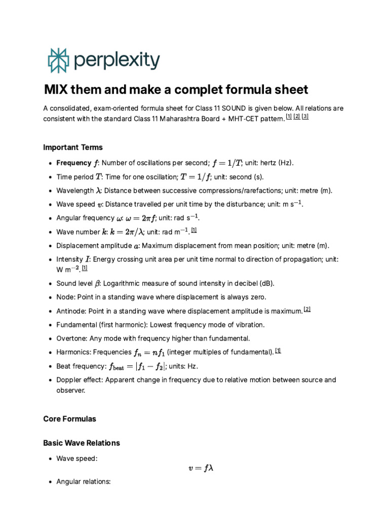 Class 11 Sound Formula Sheet | PDF | Waves | Sound