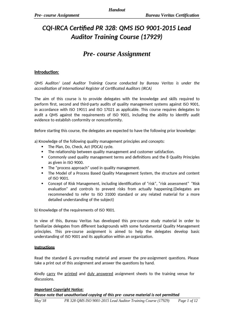 0.2 Precourse Assignment-Understanding ISO 9001 | PDF | Audit | Quality ...