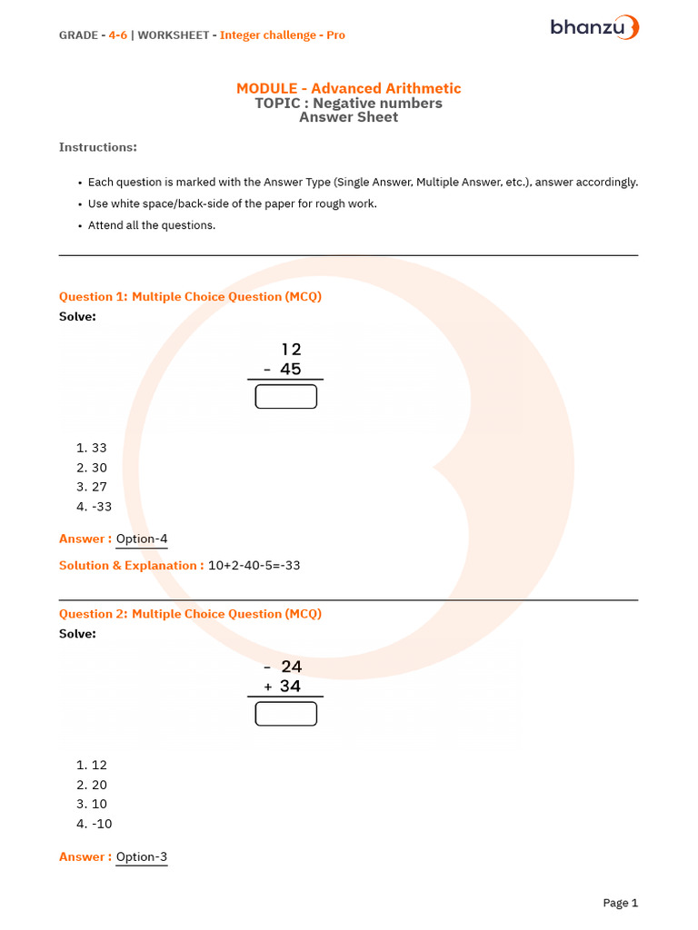 Integer Challenge Worksheet for Grades 4-6 | PDF | Multiple Choice ...
