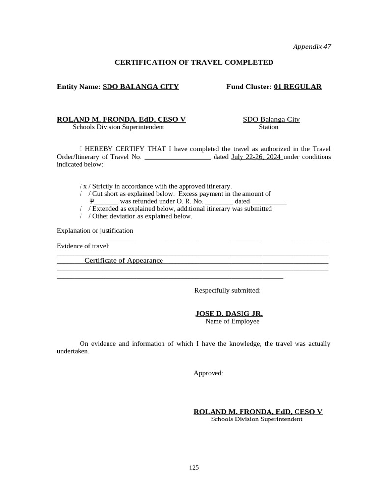 Travel Completion Certification Form | PDF