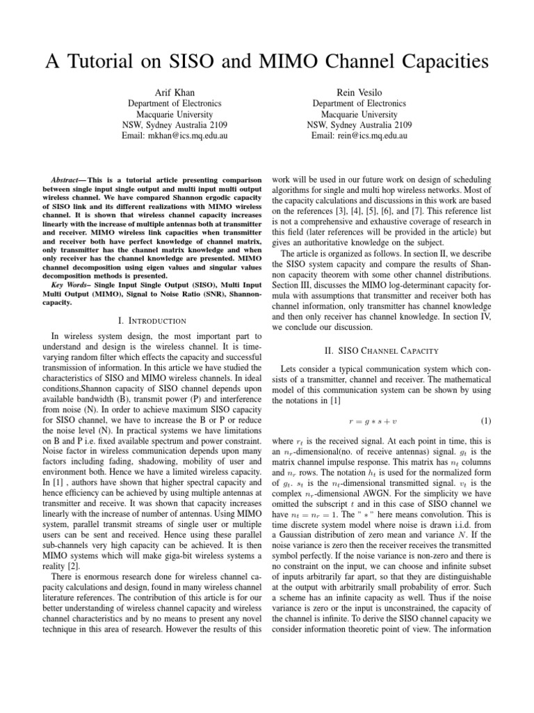 A Tutorial On SISO and MIMO Channel Capacities | PDF | Mimo ...