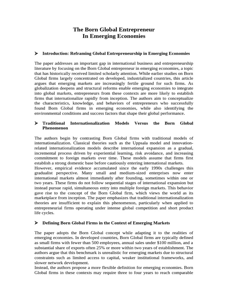 Born Global Entrepreneurs in Emerging Markets | PDF | Entrepreneurship ...