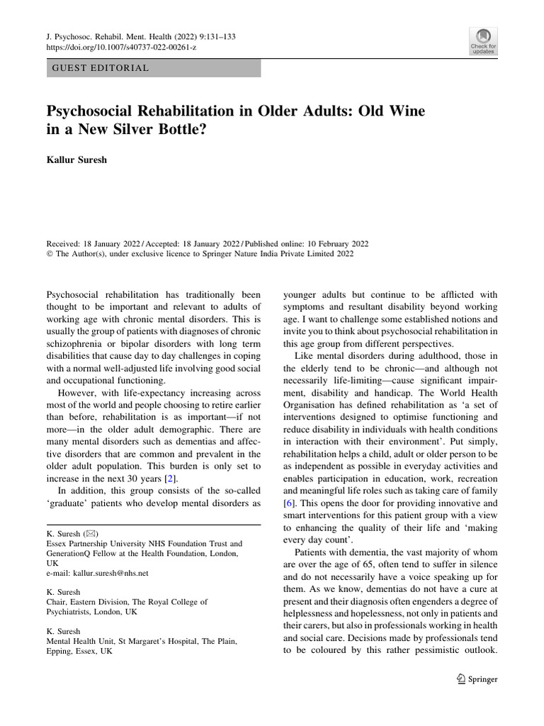 Psychosocial Rehab for Older Adults | PDF | Dementia | Mental Disorder