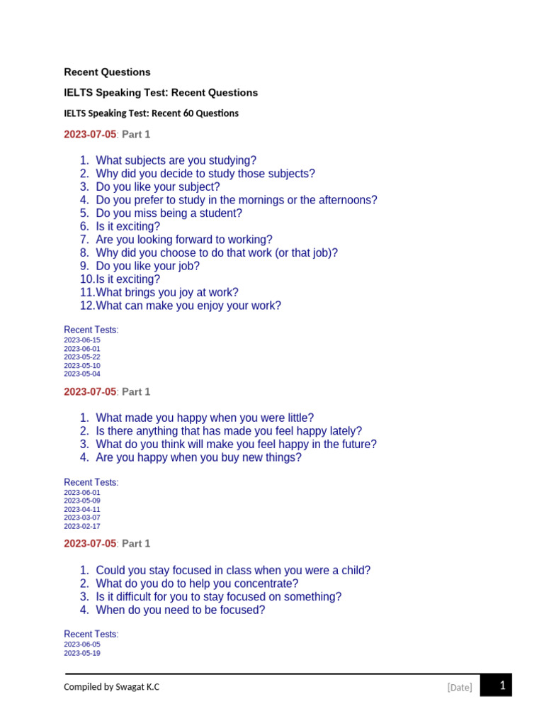 Recent IELTS Speaking Test Questions | PDF | Consumer Behaviour | Behavior