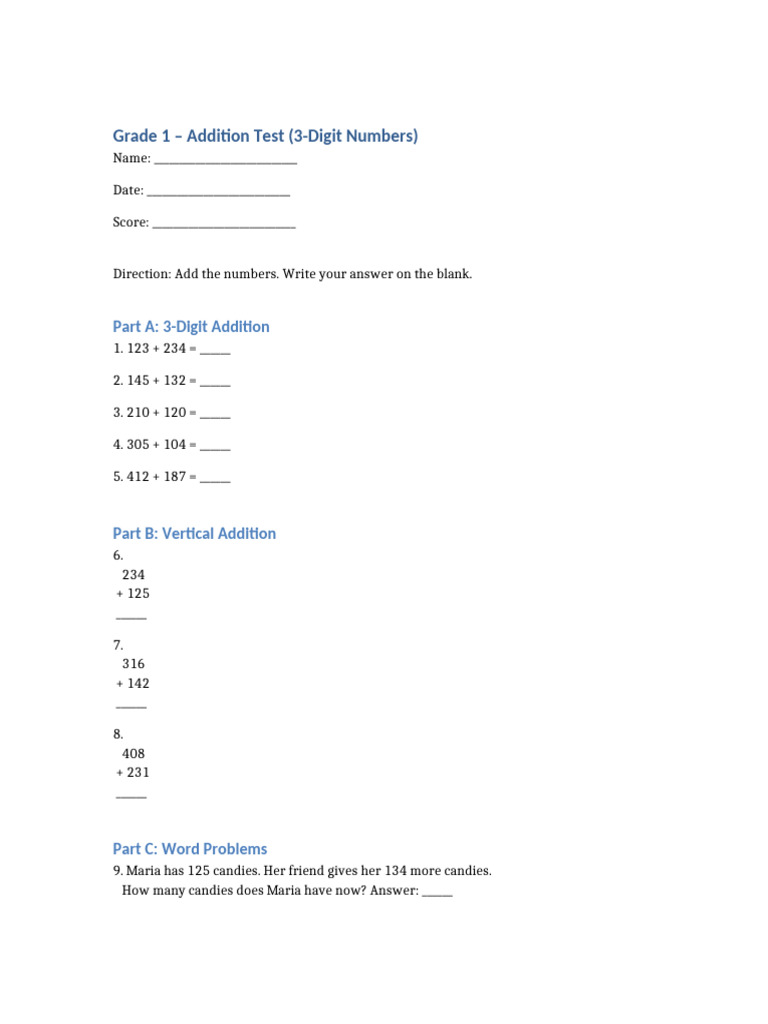 Grade 1 3-Digit Addition Test | PDF