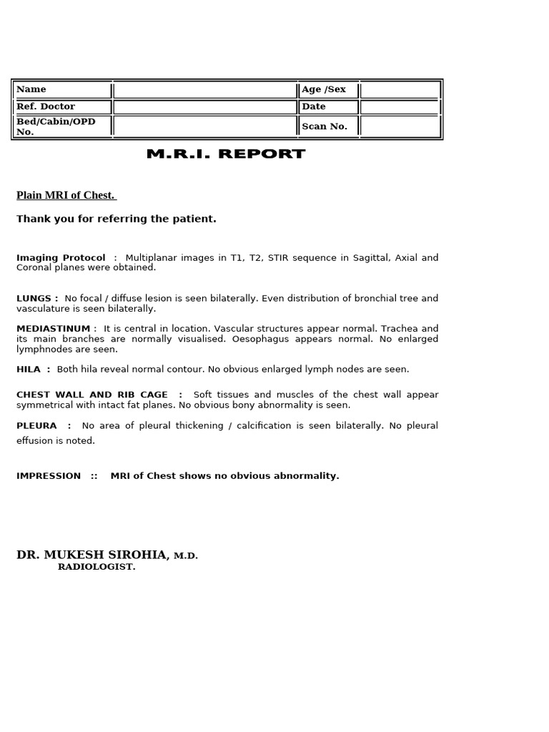 MRI Chest Report: No Abnormalities Found | PDF