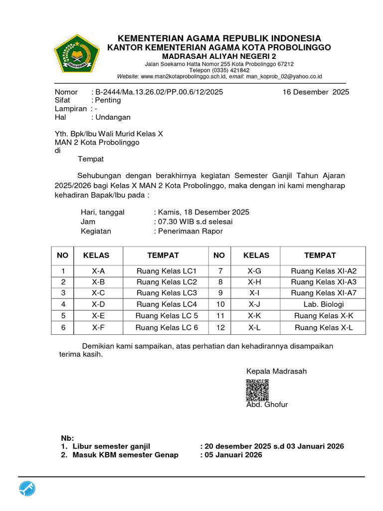 Undangan Penerimaan Rapor Kelas X MAN 2 | PDF