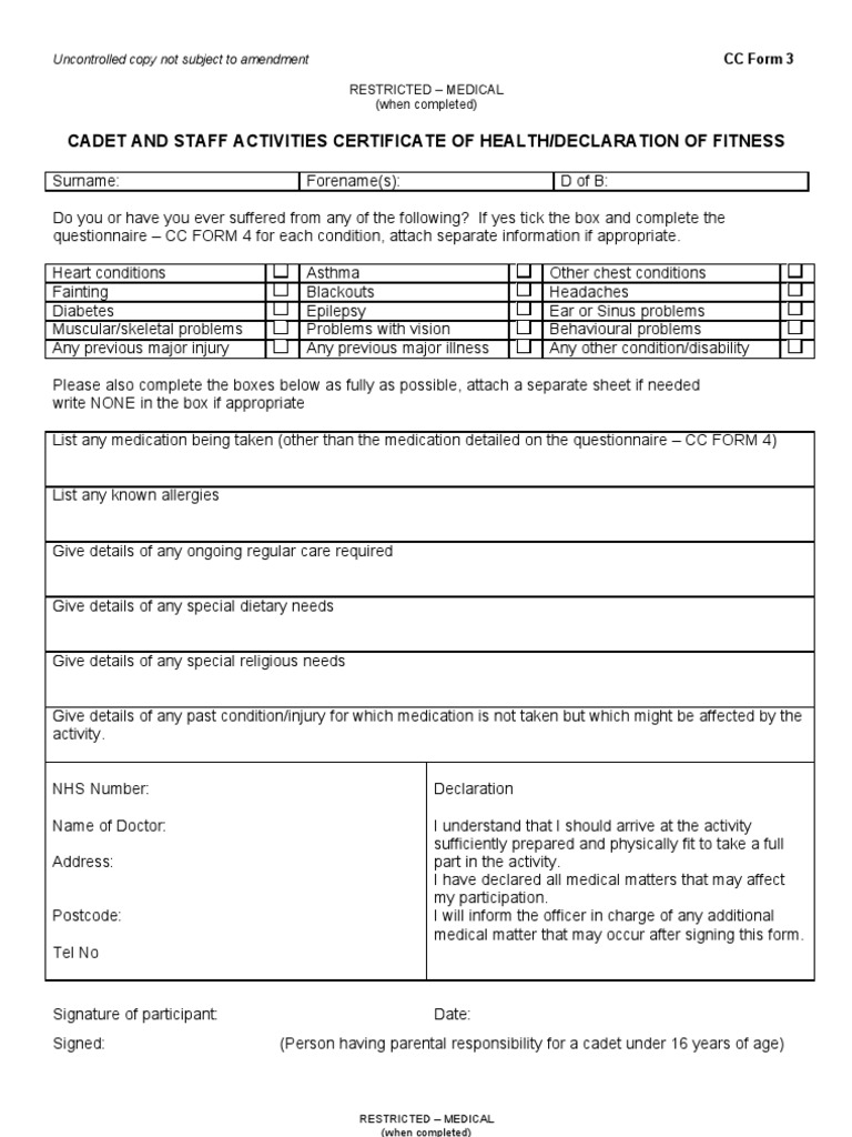 Cadet Health Declaration Form | PDF