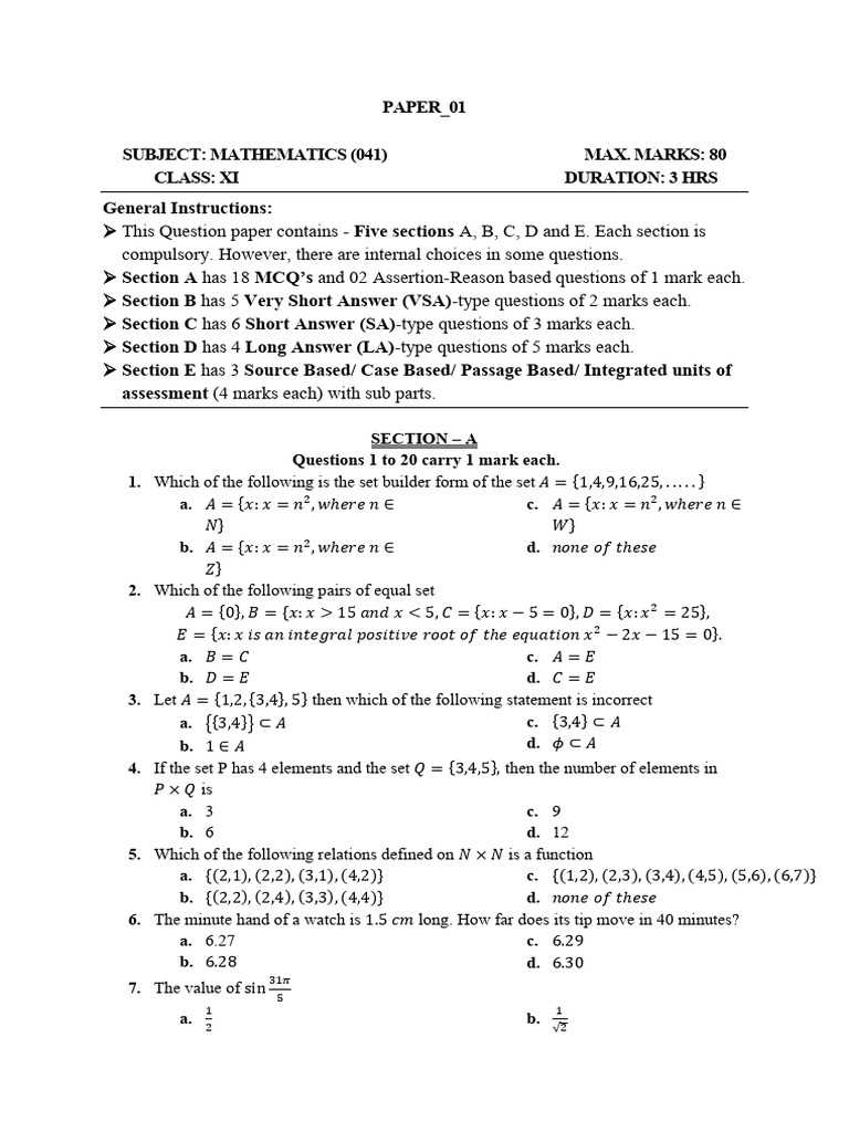Class XI Mathematics Question Paper | PDF | Complex Number | Function ...