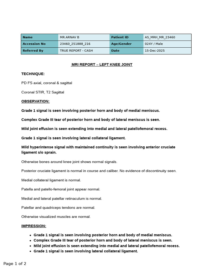 MRI Report: Left Knee Joint Findings | PDF
