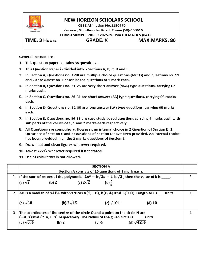 Mathematics Sample Paper 2025-26 | PDF | Quadratic Equation | Mathematics
