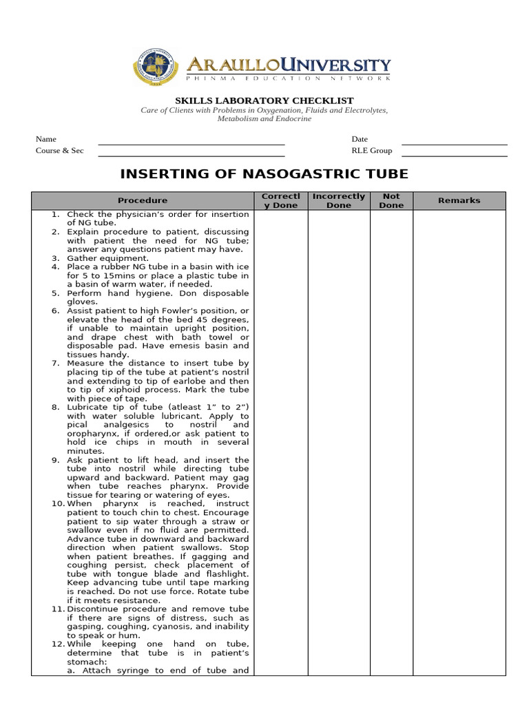 Nasogastric Tube Insertion Checklist | PDF | Clinical Medicine