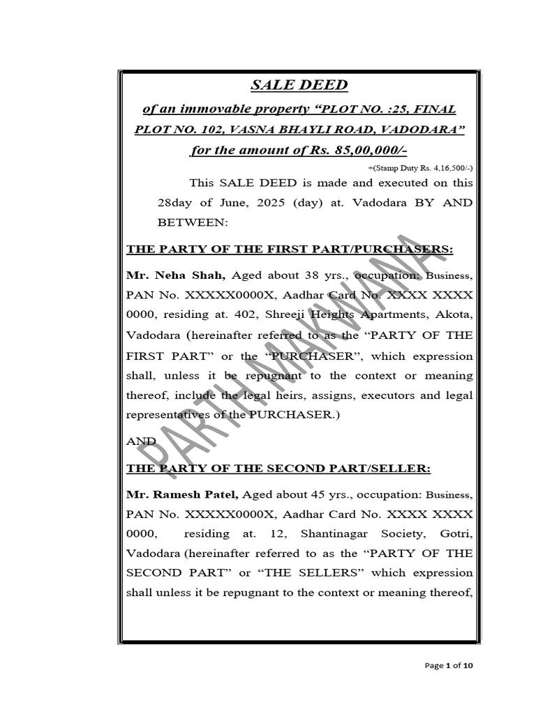 Sale Deed for Plot No. 25, Vadodara | PDF | Deed | Indemnity