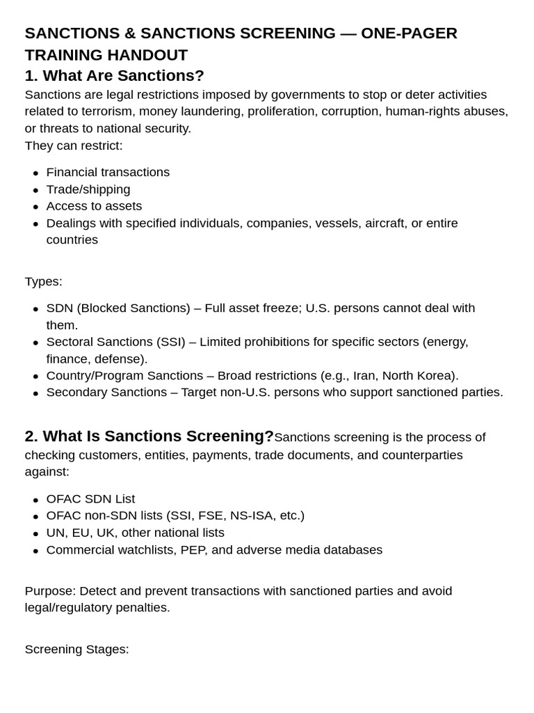 Sanctions Screening Training Overview | PDF