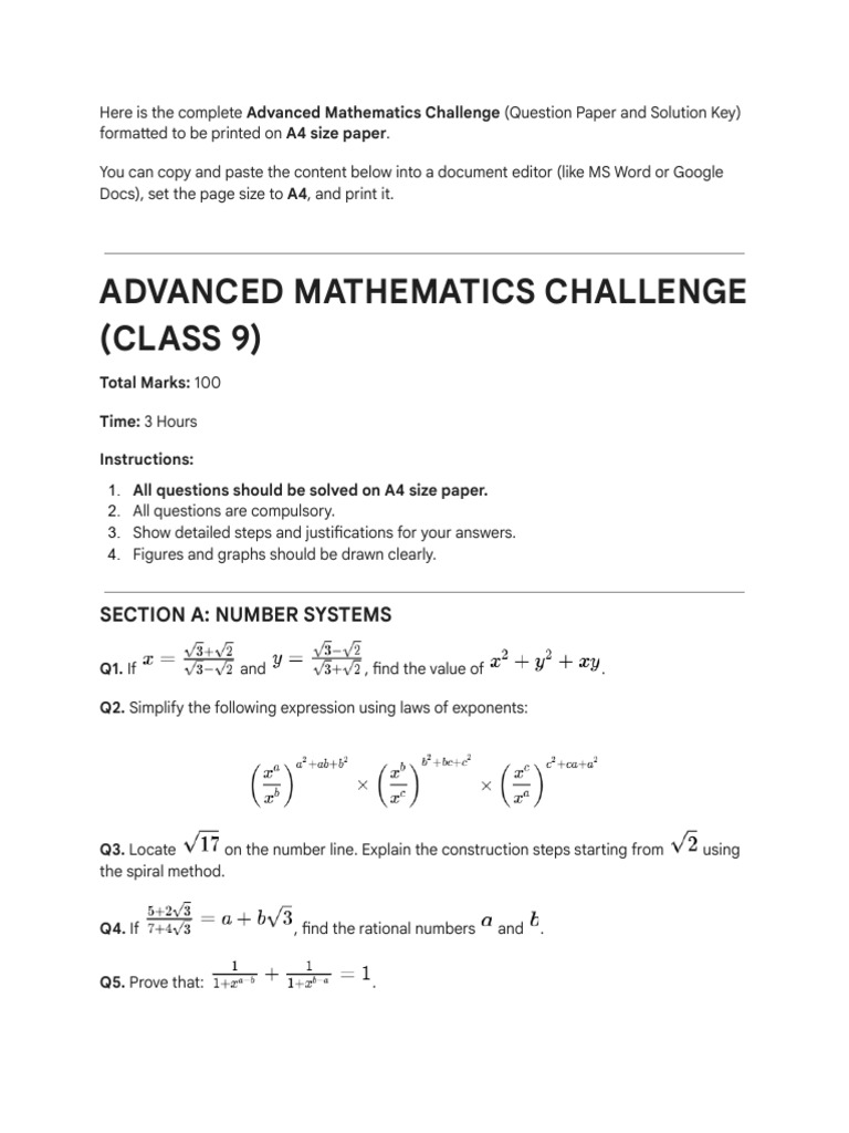 Advanced Mathematics Challenge Paper | PDF | Cartesian Coordinate ...