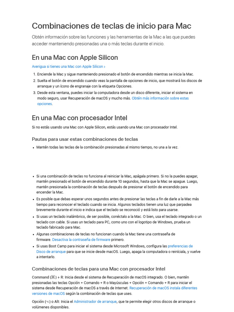 Combinaciones de Teclas de Inicio Para Mac - Soporte Técnico de Apple ...