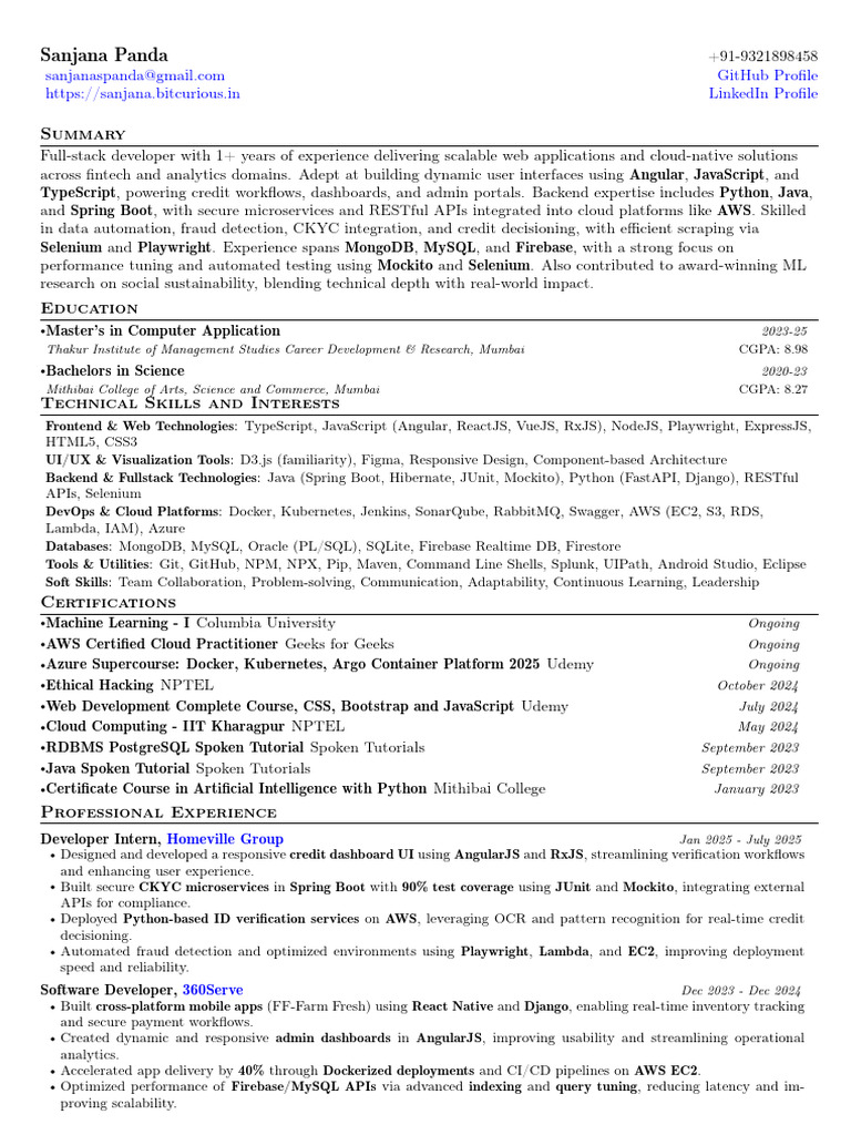 Sanjana Panda Resume Frontend Developer | PDF | Mobile App | My Sql