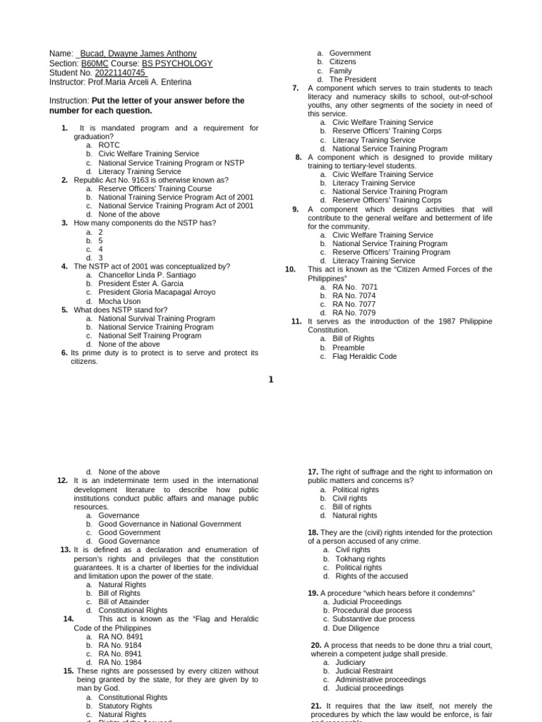 NSTP and Philippine Laws Quiz | PDF | Due Process | Recreational Drug Use